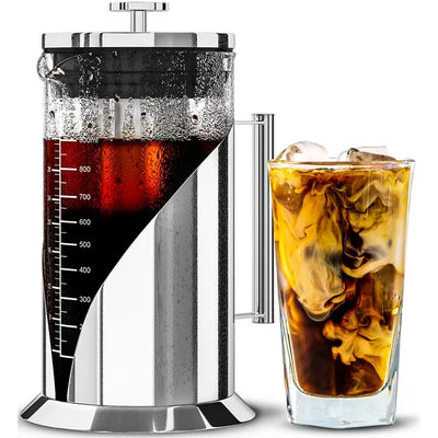 Cafe Du Chateau Cold Brew Coffee Maker, 34 Ounces, Iced Coffee Brewer, Air Tight Seal with Faster Steep Time, Ice Tea and Coffee Glass Pitcher, Stainless Steel Iced Coffee Maker Press