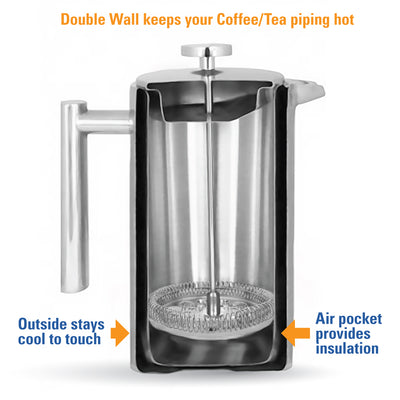 MIRA 34oz French Press Coffee Maker, Double Wall Insulated Stainless Steel